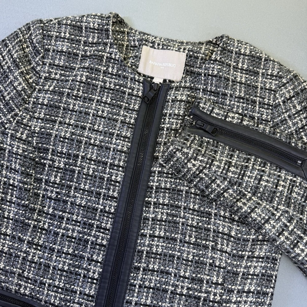 Banana Republic Tweed Zip Jacket Faux Leather Trim Blazer 2‎